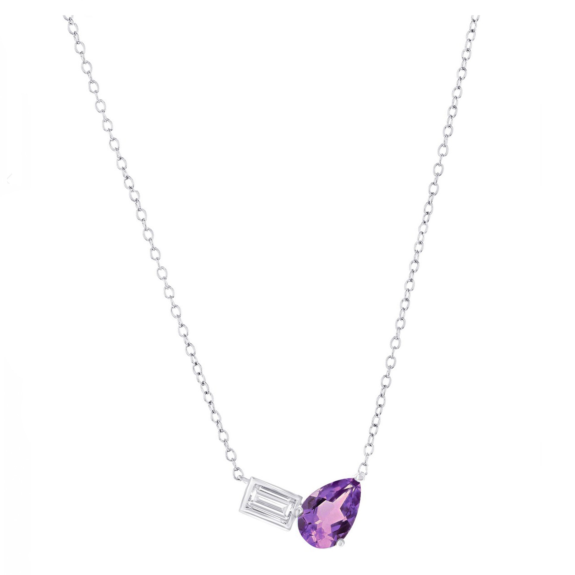 Pear-Shaped Amethyst and White Topaz Baguette Toi Et Moi Necklace