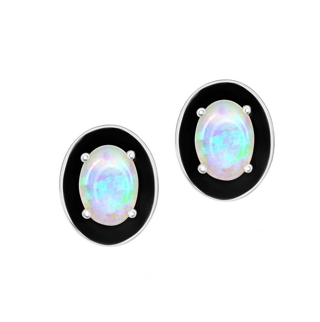Oval-shaped Opal Black Enamel Stud Earrings