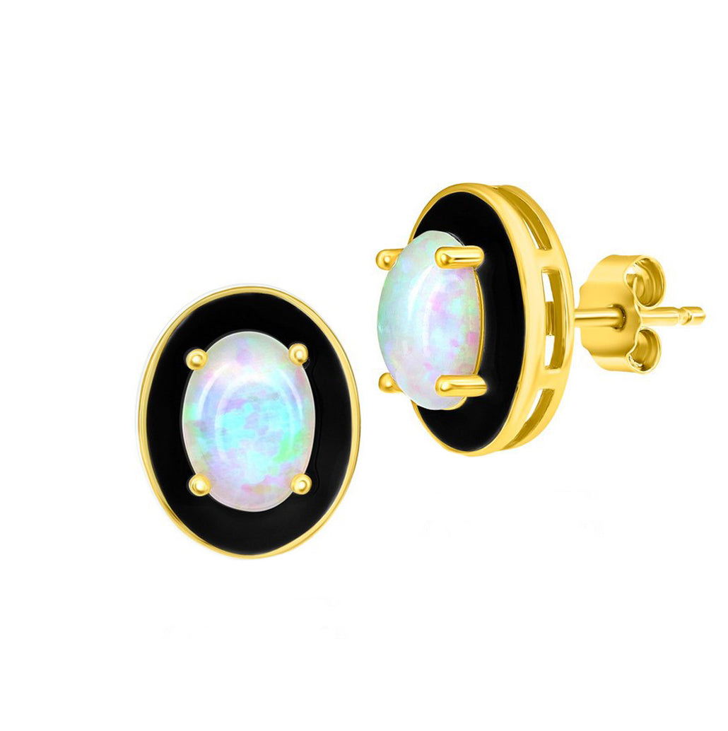 Oval-shaped Opal Black Enamel Stud Earrings