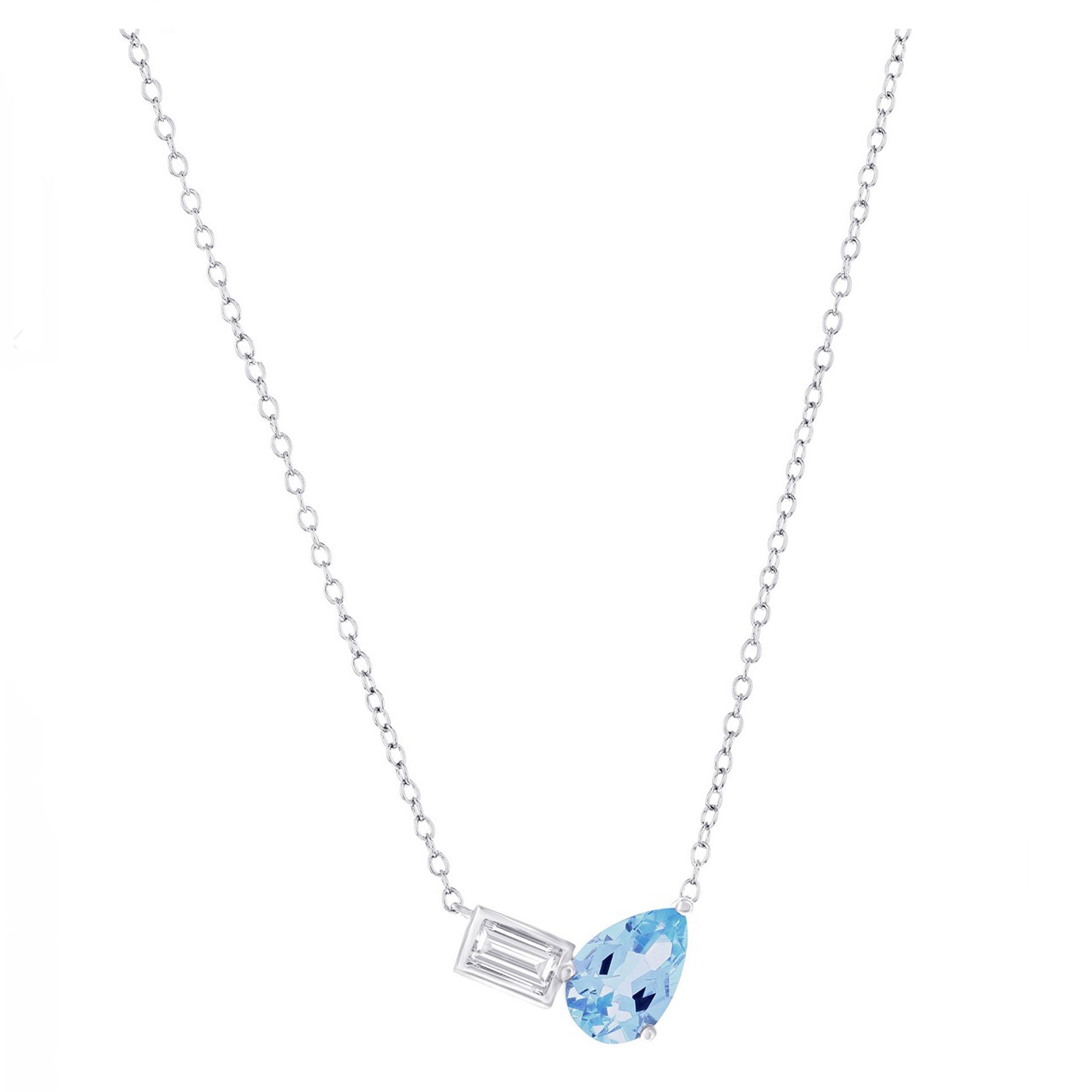 Pear-Shaped Sky Blue Topaz and White Topaz Baguette Toi Et Moi Necklace