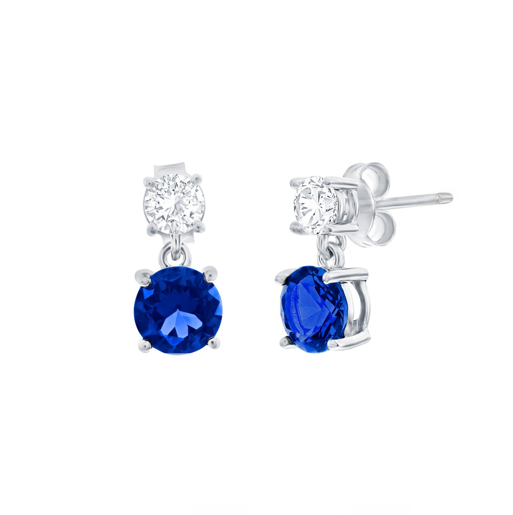 Double Round CZ and Blue Sapphire Drop Earrings