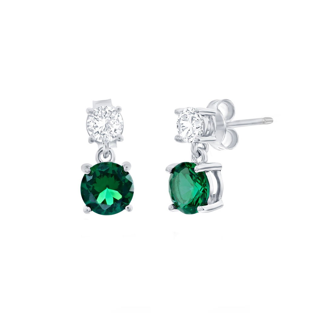 Double Round CZ and Emerald Drop Earrings