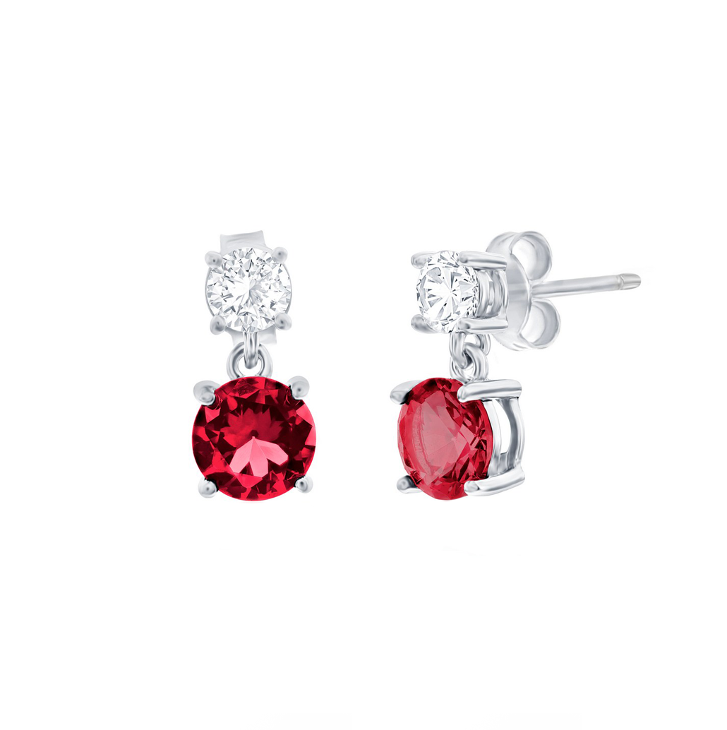 Double Round CZ and Ruby Drop Earrings