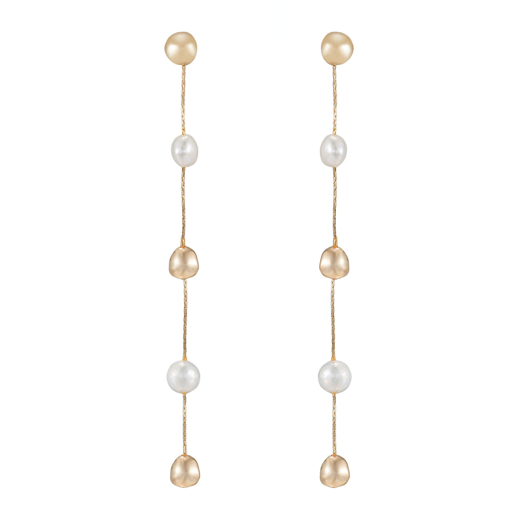 Gold Ball and Pearl Drop Line Earrings