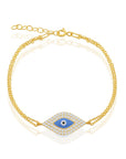 Gold Double Chain Pave CZ & Blue Enamel Evil Eye Bracelet