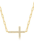 Pave CZ Sideways Cross Paperclip Necklace