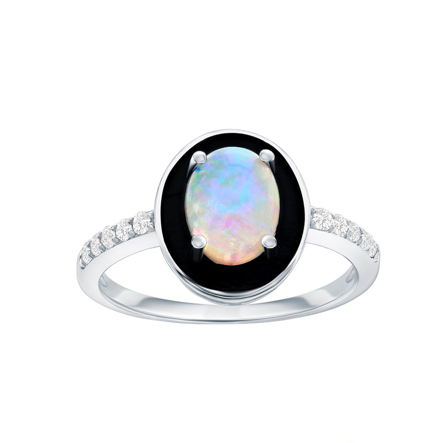 Oval-shaped Opal Black Enamel Sparkle Ring