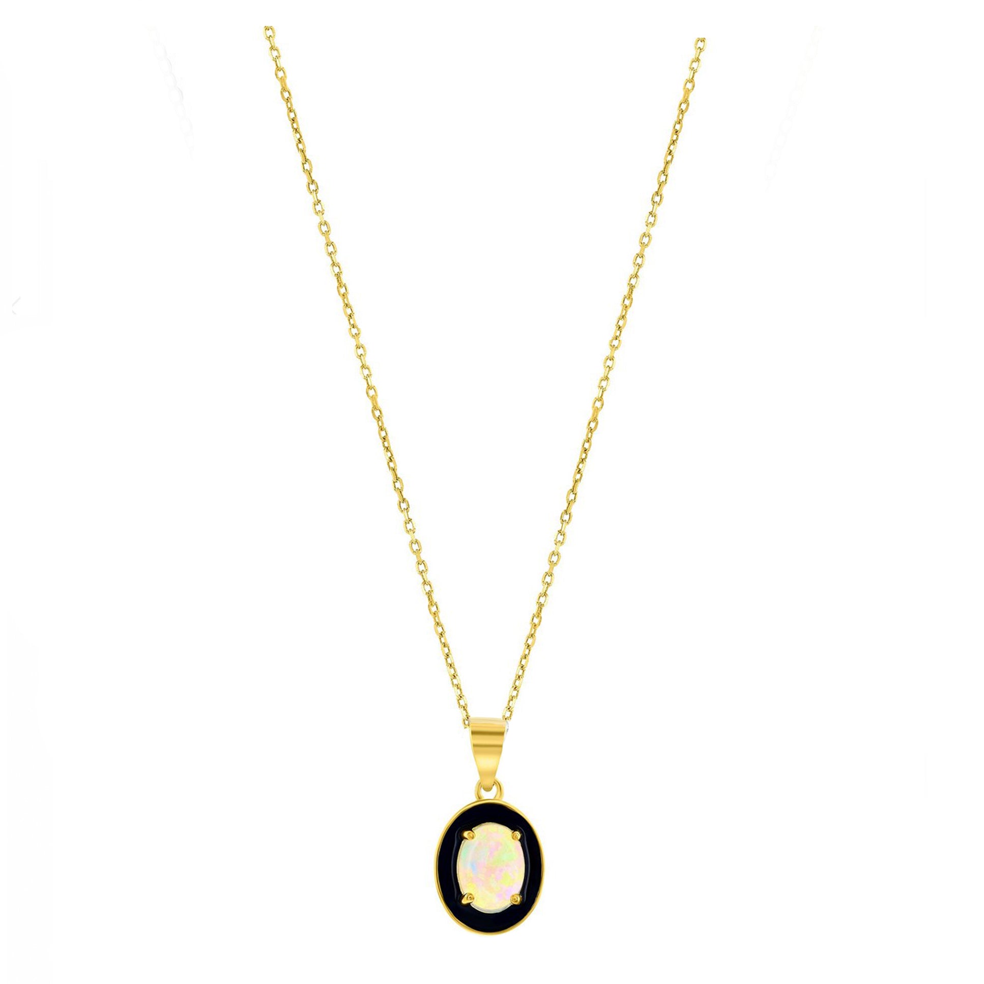 Oval-shaped Opal Black Enamel Necklace