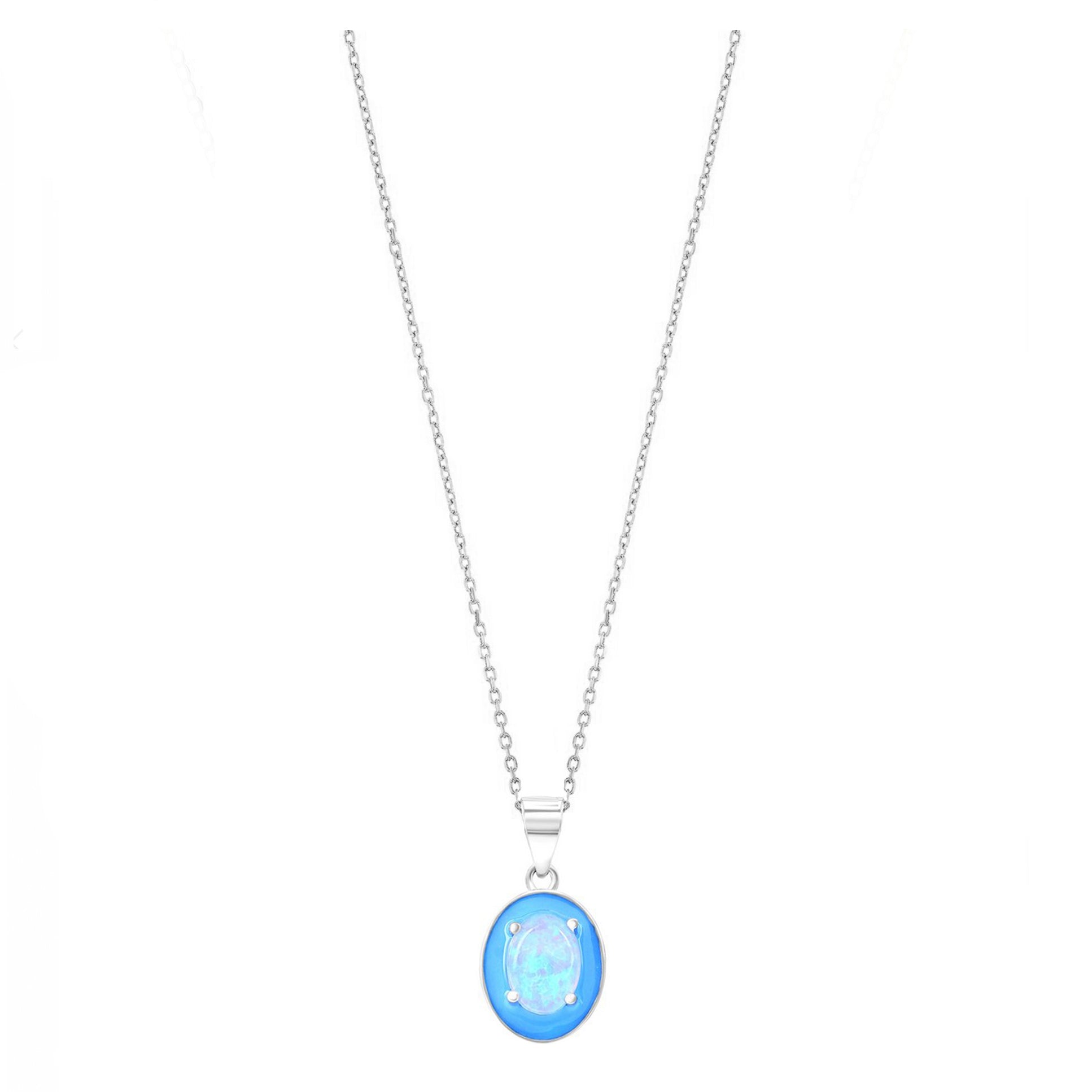 Oval-shaped Opal Blue Enamel Necklace