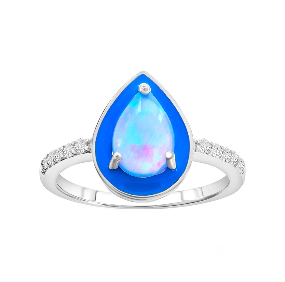 Pear-shaped Opal Blue Enamel Sparkle Ring