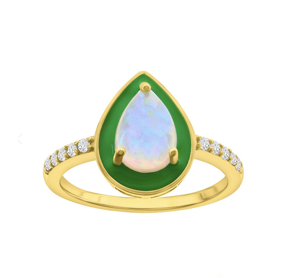 Pear-shaped Opal Green Enamel Sparkle Ring