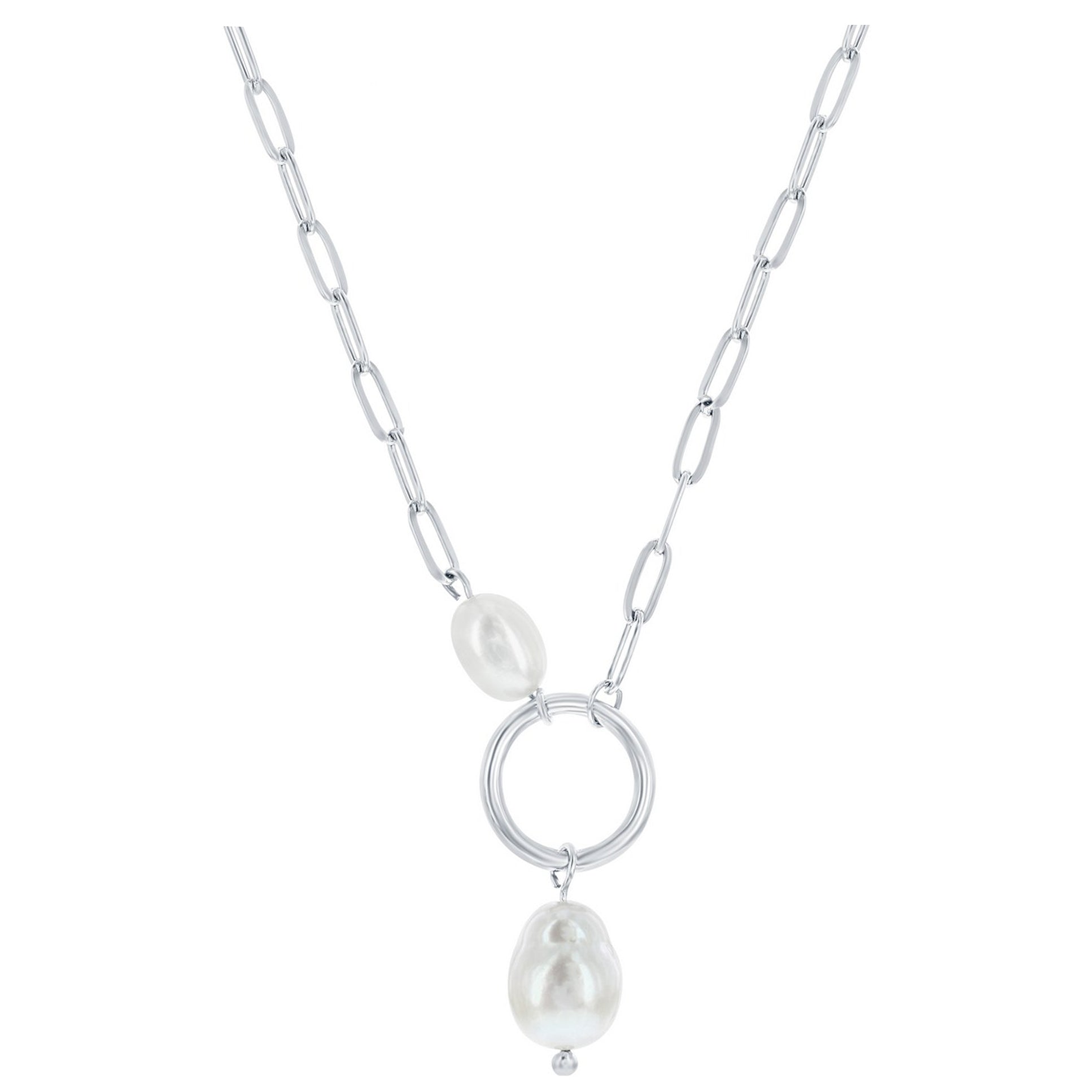 Double Pearl Circle Paperclip Chain Necklace