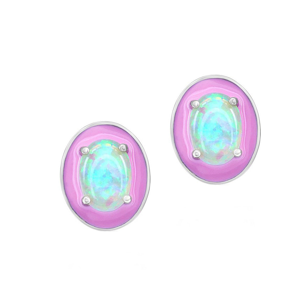 Oval-shaped Opal Pink Enamel Stud Earrings