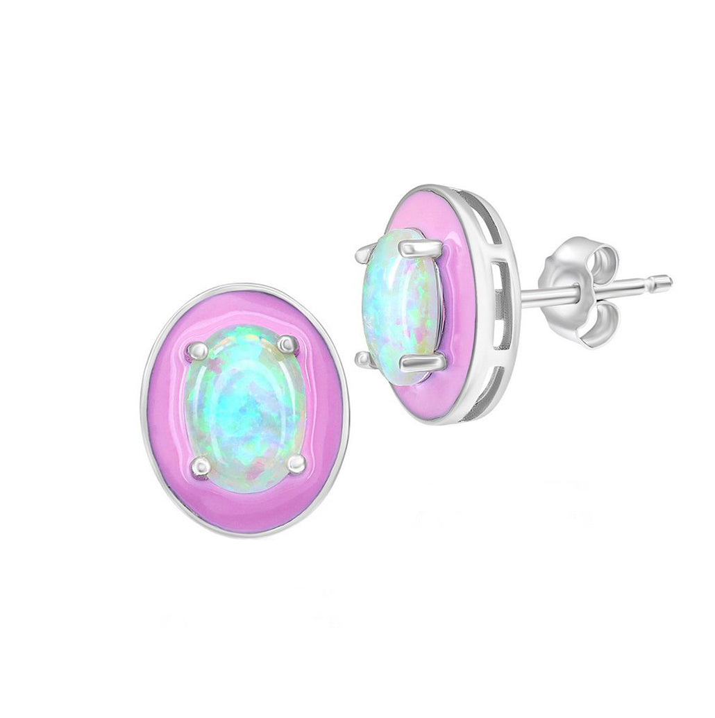 Oval-shaped Opal Pink Enamel Stud Earrings