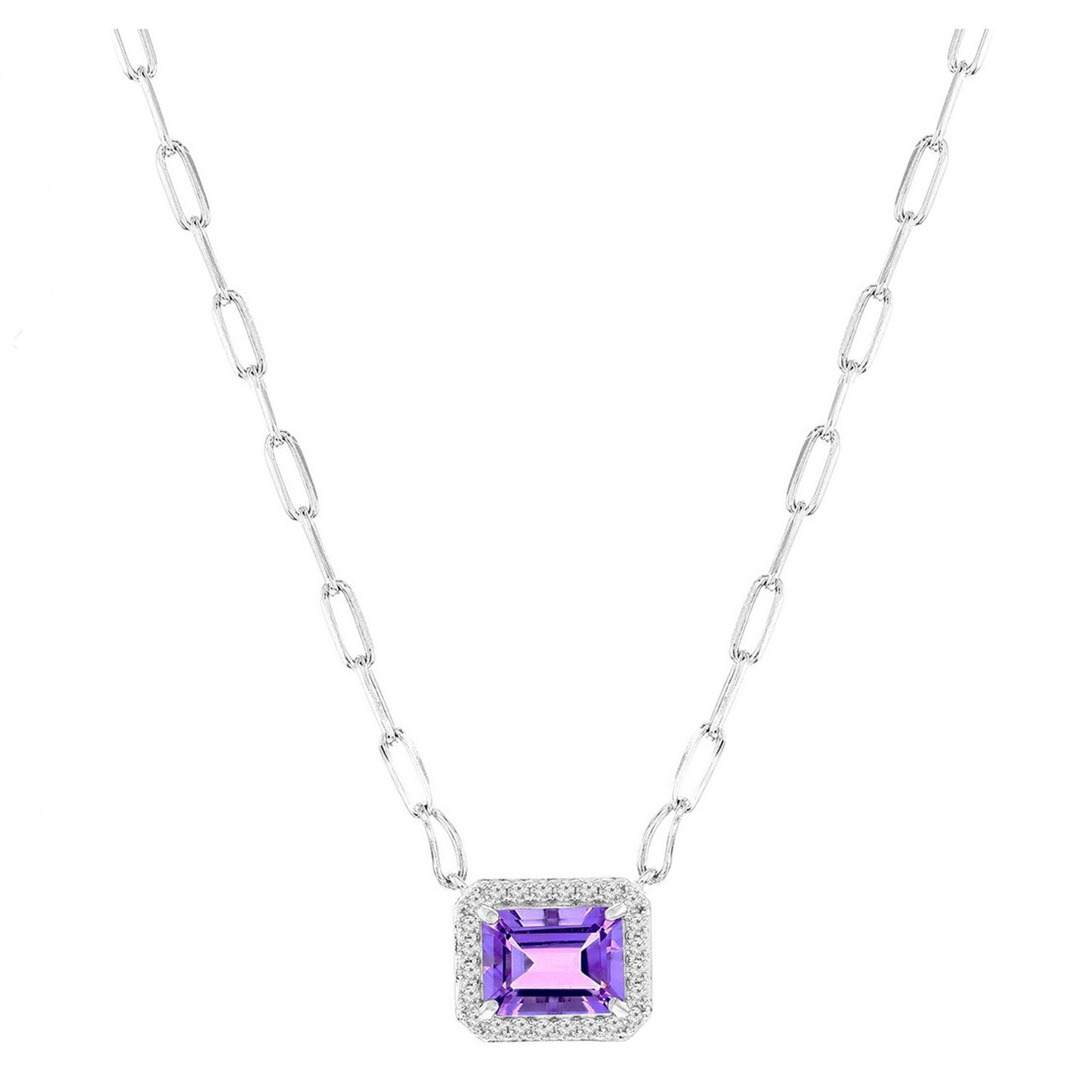 Rectangular Amethyst and White Topaz Halo Paperclip Necklace