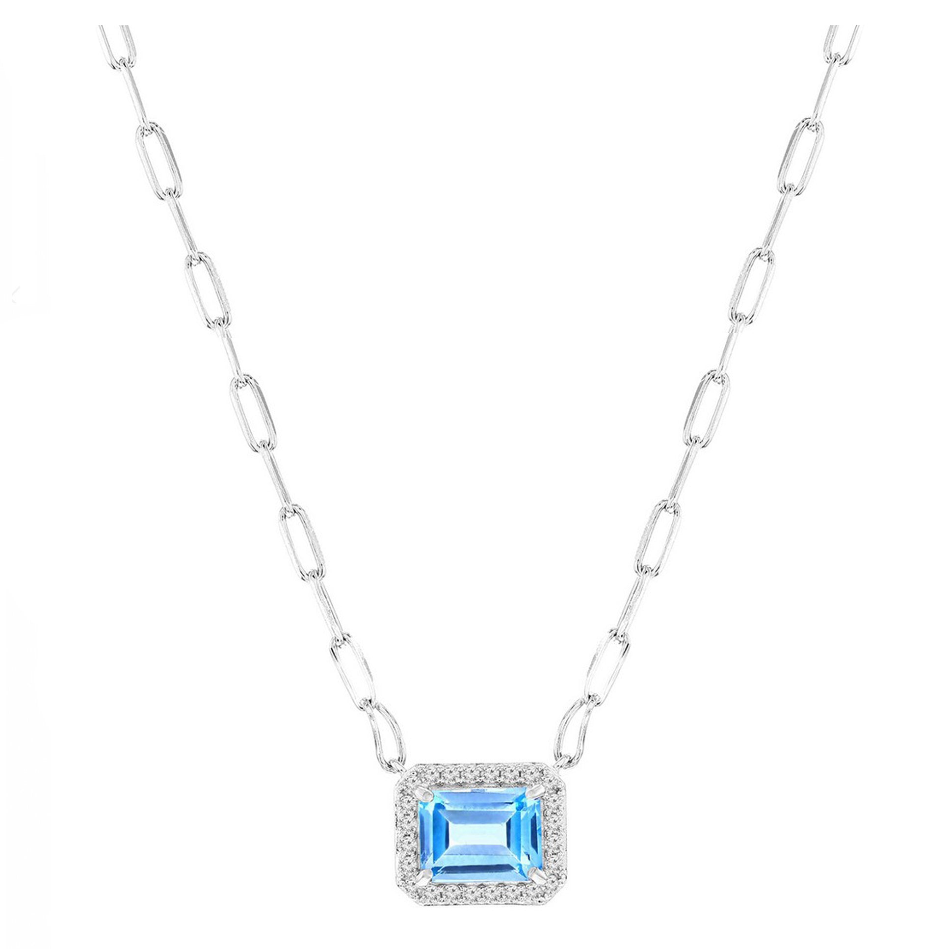 Rectangular Blue Topaz and White Topaz Halo Paperclip Necklace