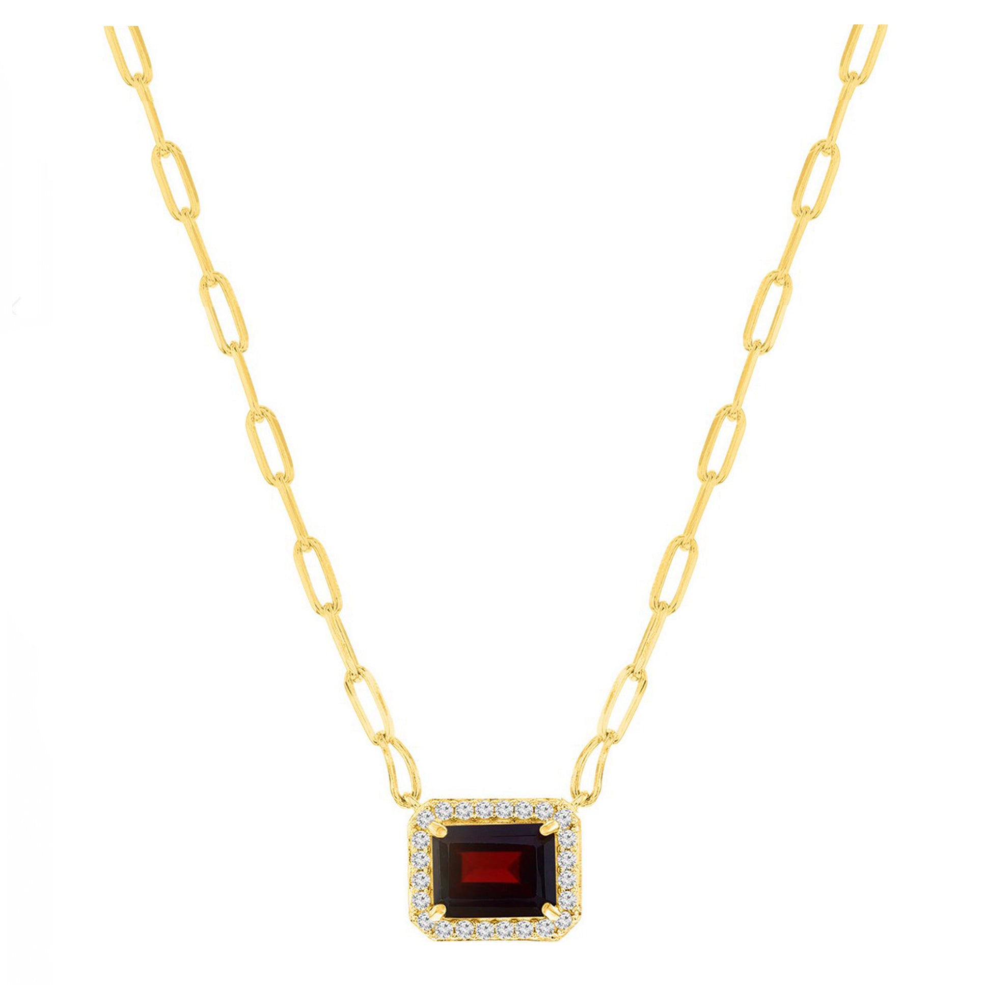 Rectangular Garnet and White Topaz Halo Paperclip Necklace