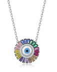 Rainbow Baguette CZ Evil Eye Pendant Necklace