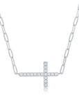 Pave CZ Sideways Cross Paperclip Necklace