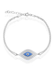 Gold Double Chain Pave CZ & Blue Enamel Evil Eye Bracelet