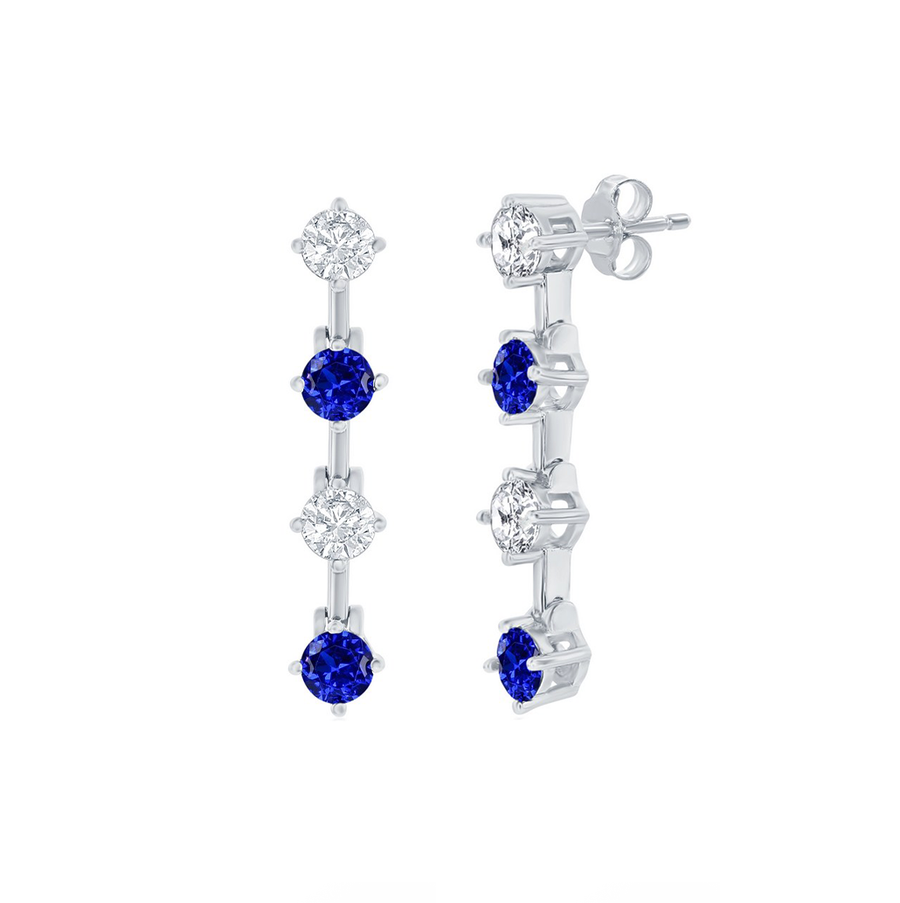 Round CZ and Blue Sapphire Bar Earrings