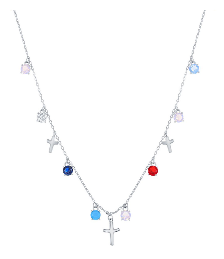 Mini Cross and Gemstone Drop Necklace