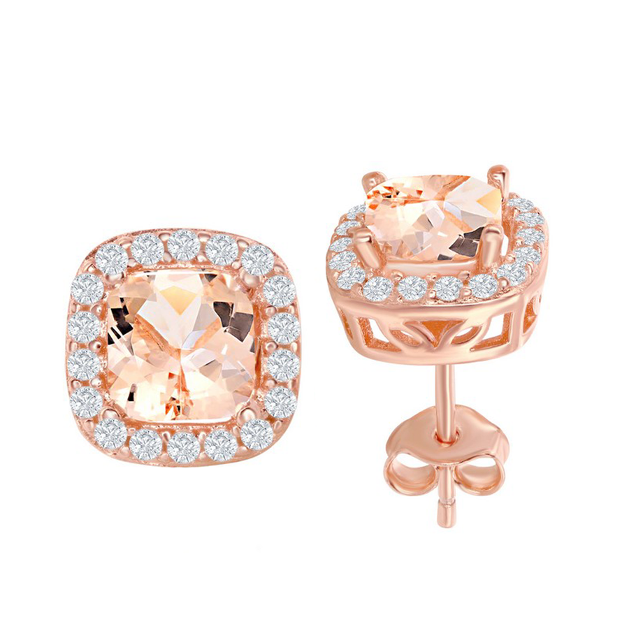Morganite Cushion Halo Stud Earrings