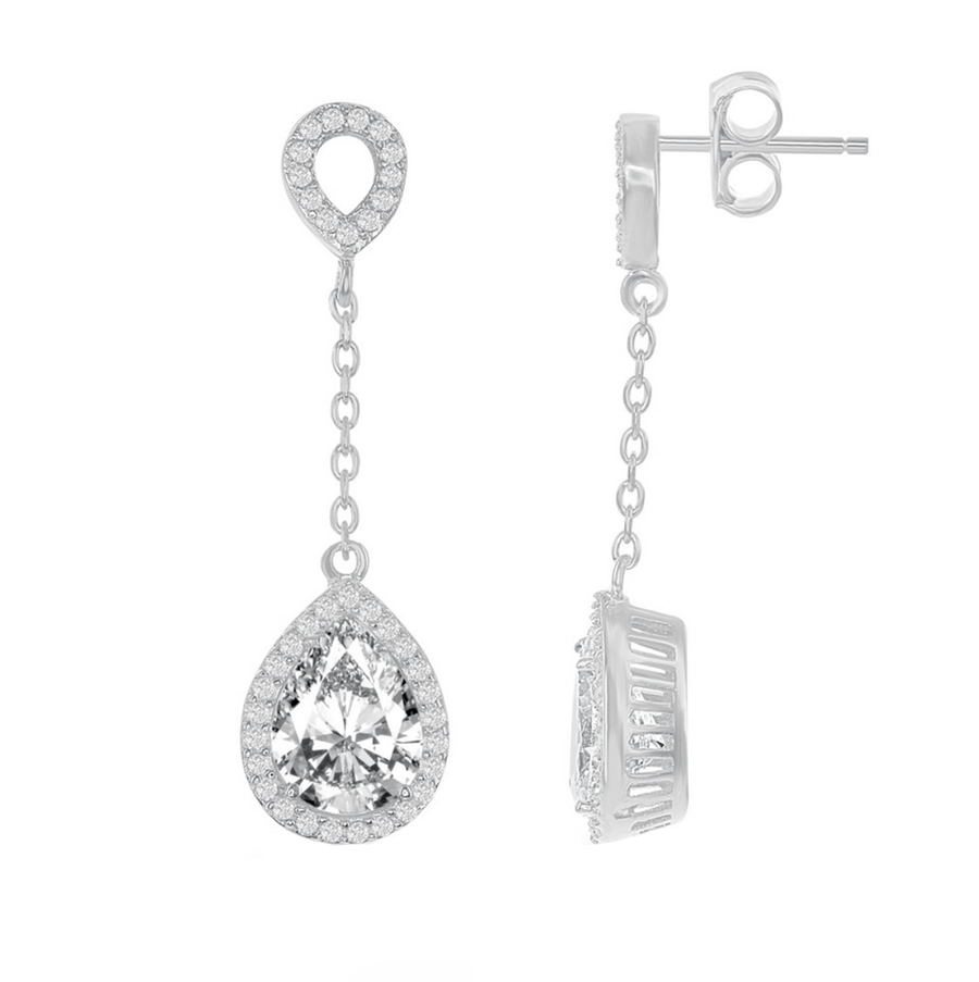 Pear Halo Drop Chain Earrings
