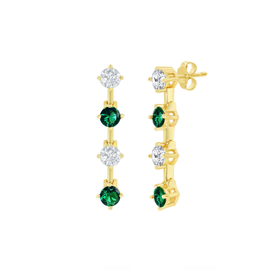 Round CZ and Emerald Bar Earrings