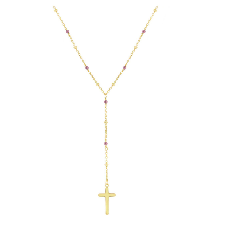 Gold Cross and Garnet Bead Rosary Necklace