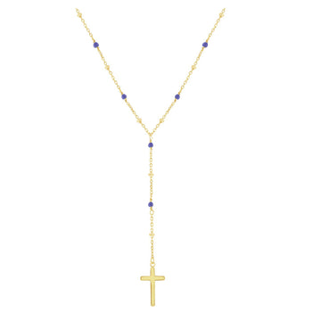 Gold Cross and Lapis Bead Rosary Necklace