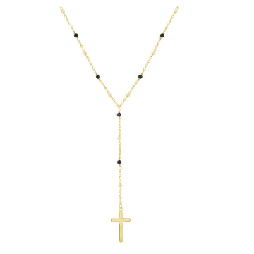 Gold Cross and Onyx Bead Rosary Necklace