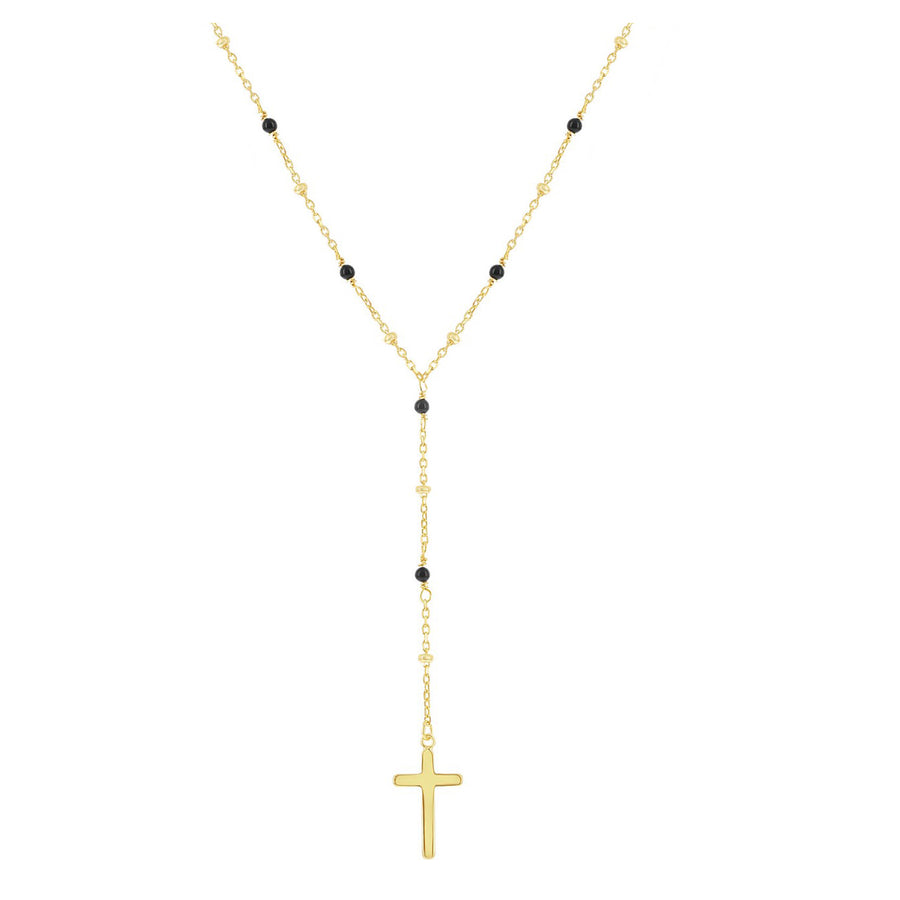 Gold Cross and Onyx Bead Rosary Necklace