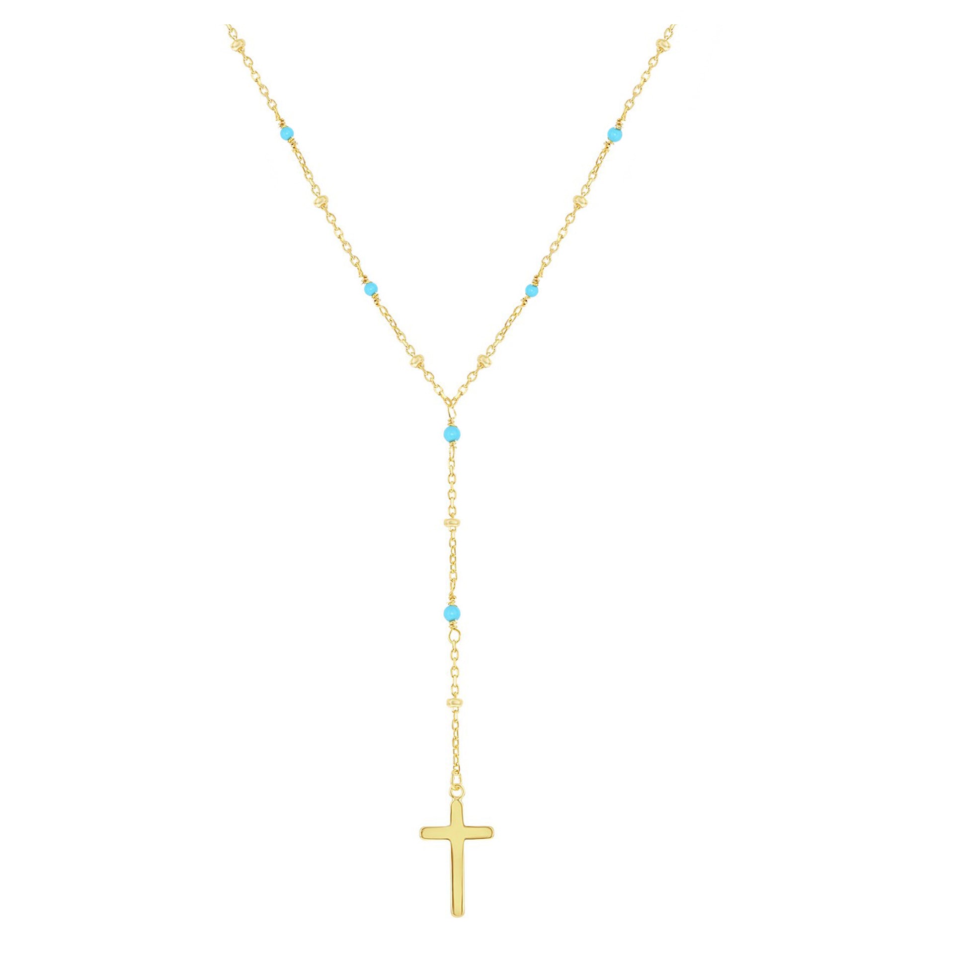 Gold Cross and Turquoise Bead Rosary Necklace