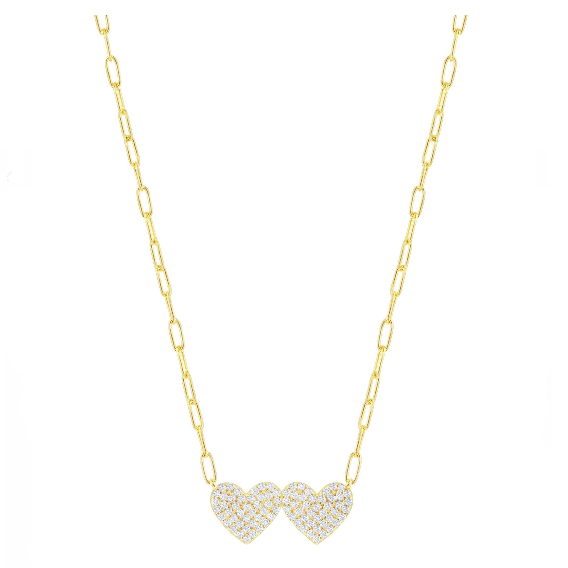 Pave Double Heart Paperclip Chain Necklace