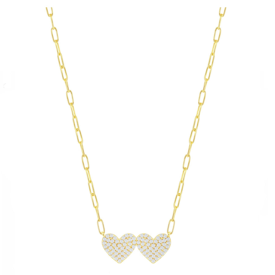 Pave Double Heart Paperclip Chain Necklace