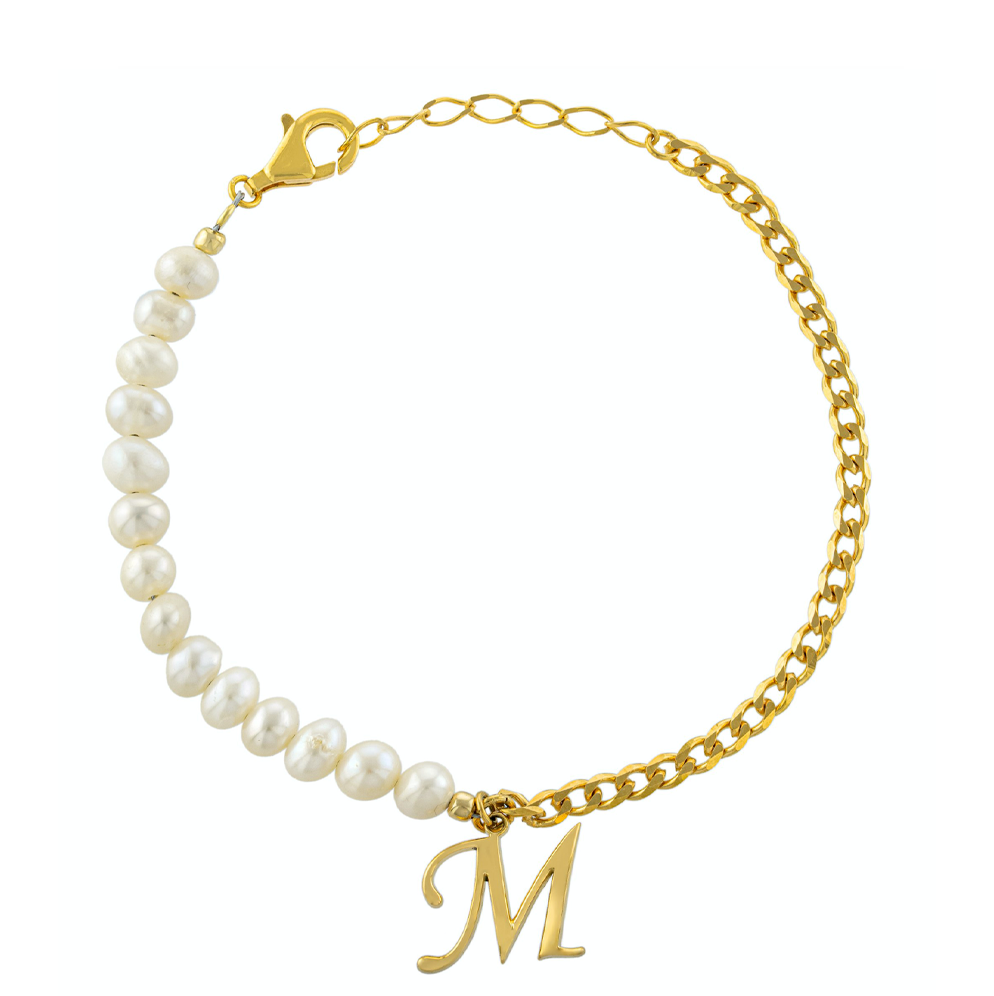 Personalized Pearl and Curblink Chain Initial Bracelet