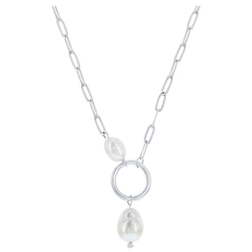 Double Pearl Circle Paperclip Chain Necklace