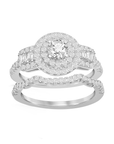 Round Double Halo Baguette Side Stones Ring Set
