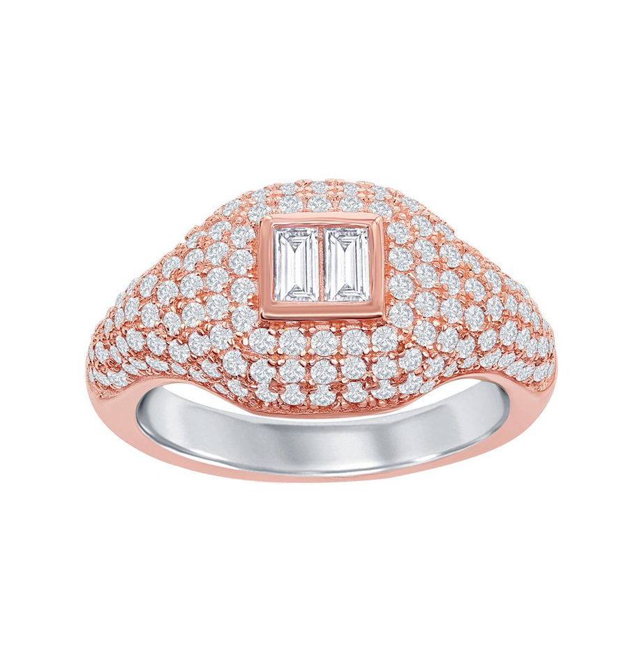 Double Baguette Pave Diamond Signet Ring
