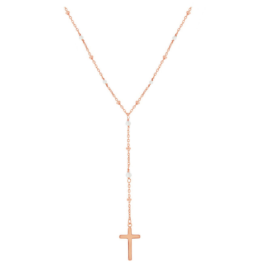 Rose Cross and Moonstone Bead Rosary Necklace