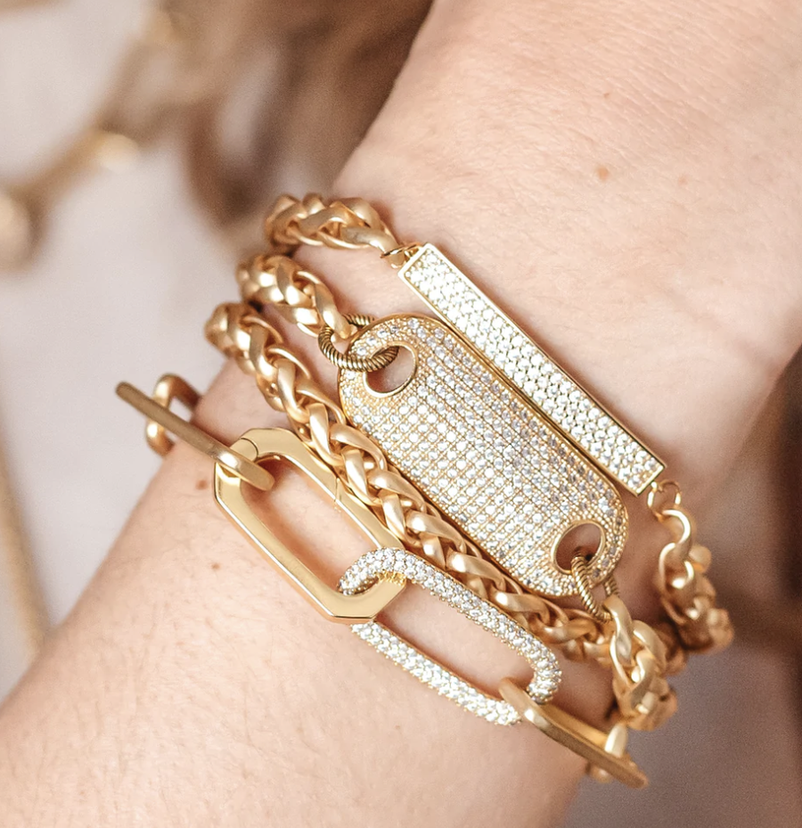 Matte Gold Rectangle Paperclip Bracelet with Pave Link