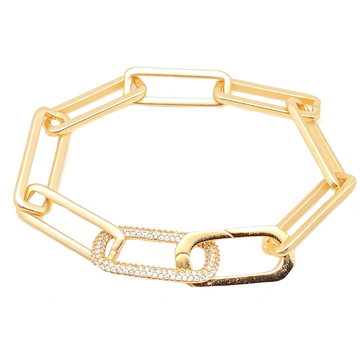 Matte Gold Rectangle Paperclip Bracelet with Pave Link