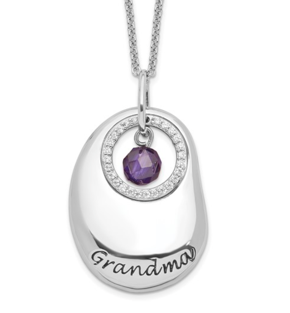 Sterling Silver Rhodium Grandma Necklace with CZ and Amethyst Accent