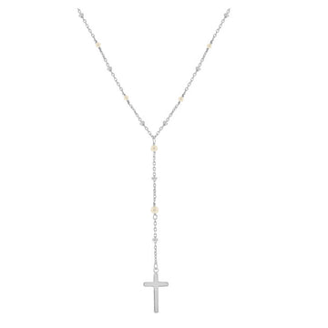 Silver Cross and Pearl Bead Rosary Necklace