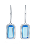 Aqua Emerald-Cut Halo Drop Earrings