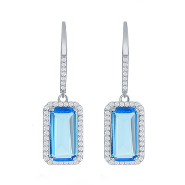 Aqua Emerald-Cut Halo Drop Earrings