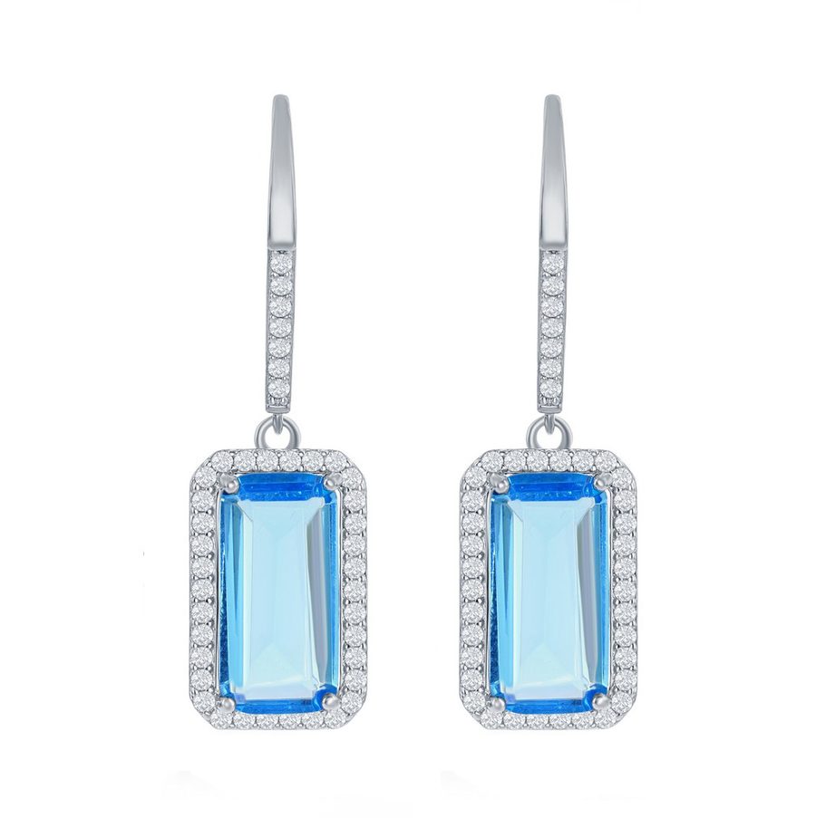 Aqua Emerald-Cut Halo Drop Earrings