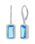 Aqua Emerald-Cut Halo Drop Earrings