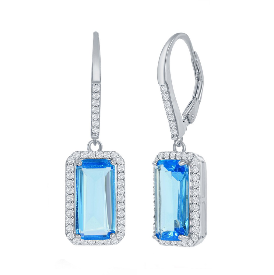 Aqua Emerald-Cut Halo Drop Earrings